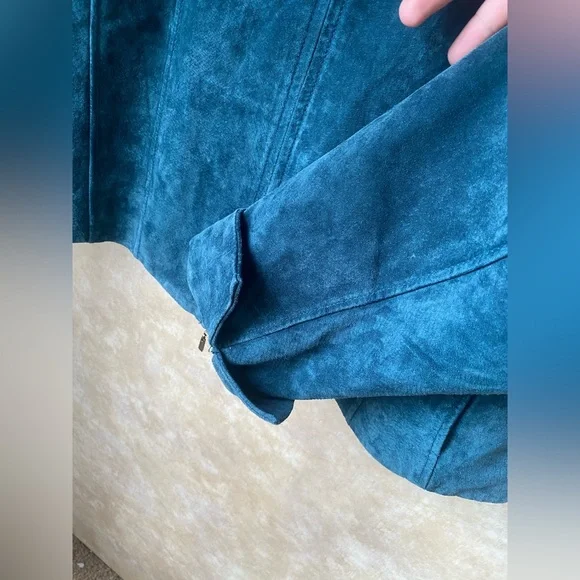 Coldwater Creek Teal Leather Suede Zip Front Jacket Cuffed Sleeves Collared PXL - Picture 4 of 7